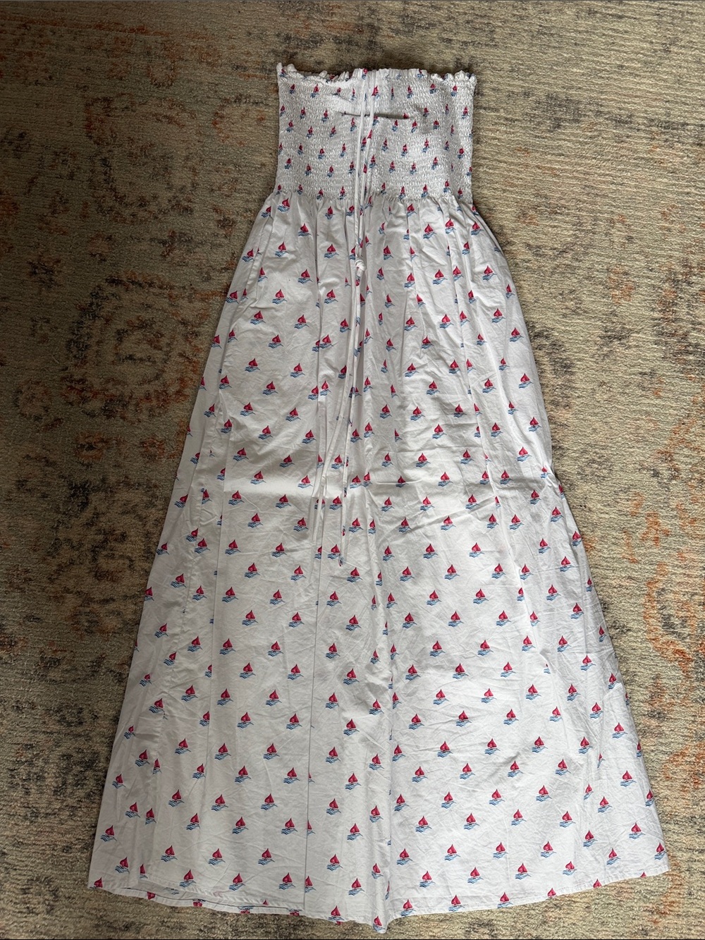 White Strapless Smocked Maxi Dress with Red & Blue Sailboat Print